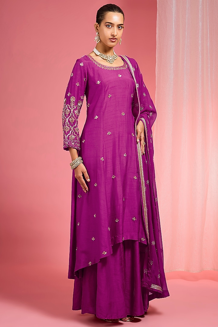 Purple Viscose Dupion Silk Party Wear Sharara Set by Milu Madan at Pernia's Pop Up Shop
