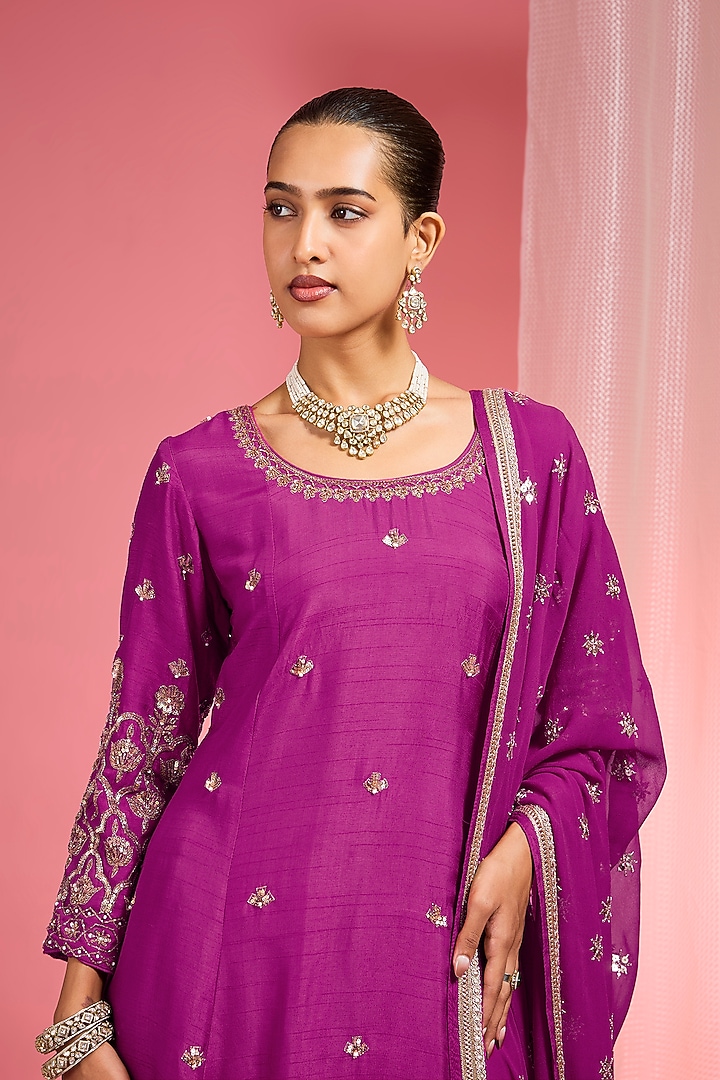 Purple Viscose Dupion Silk Party Wear Sharara Set by Milu Madan at Pernia's Pop Up Shop