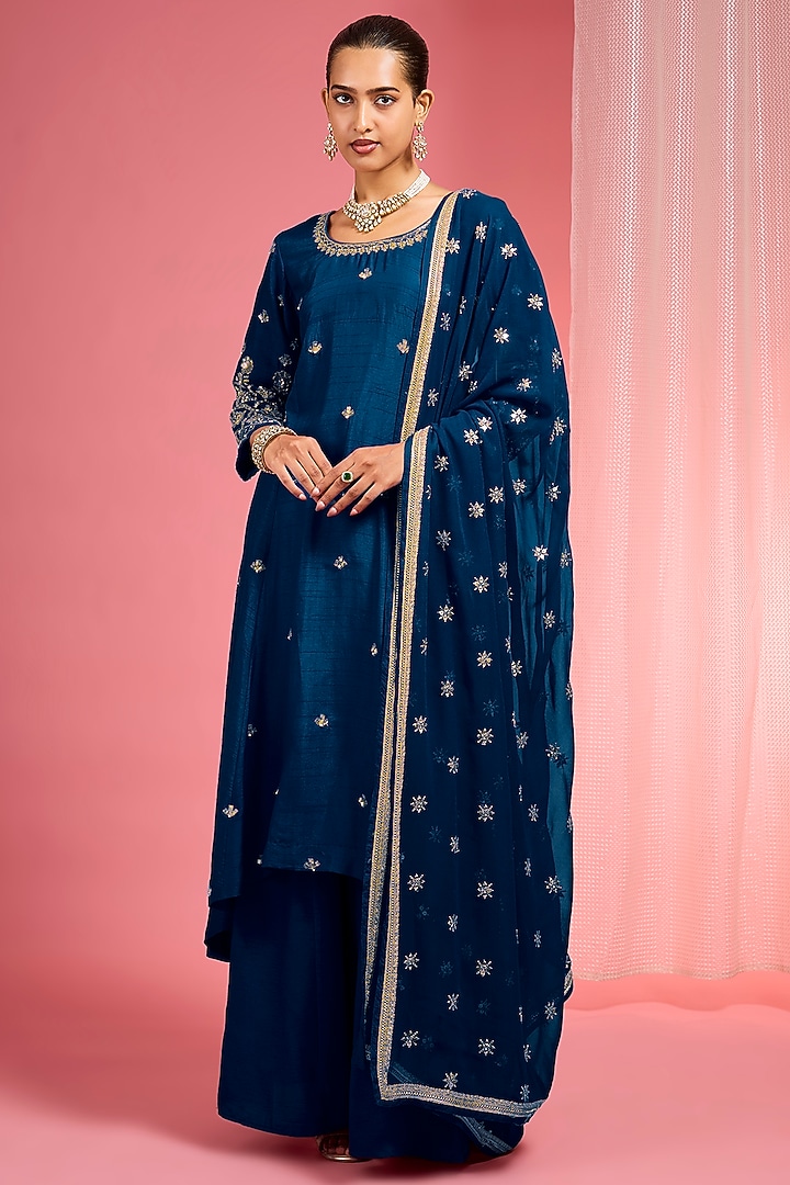 Dark Persian Viscose Dupion Silk Party Wear Sharara Set by Milu Madan at Pernia's Pop Up Shop