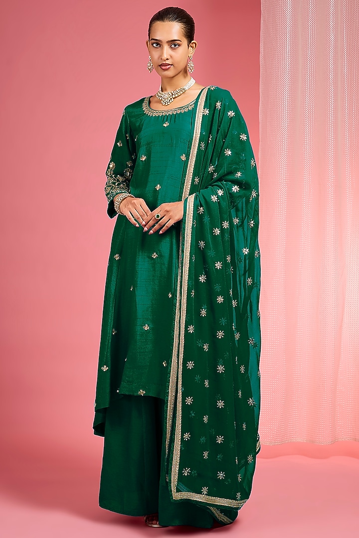 Leaf Green Viscose Dupion Silk Party Wear Sharara Set by Milu Madan at Pernia's Pop Up Shop
