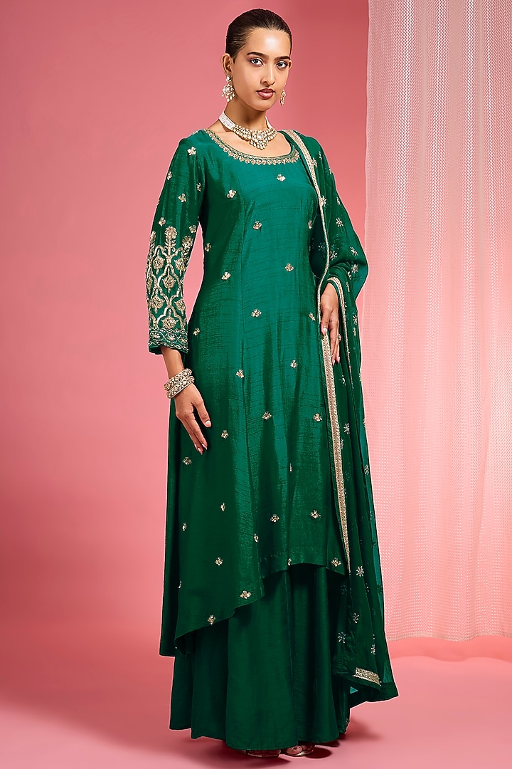 Leaf Green Viscose Dupion Silk Party Wear Sharara Set by Milu Madan at Pernia's Pop Up Shop
