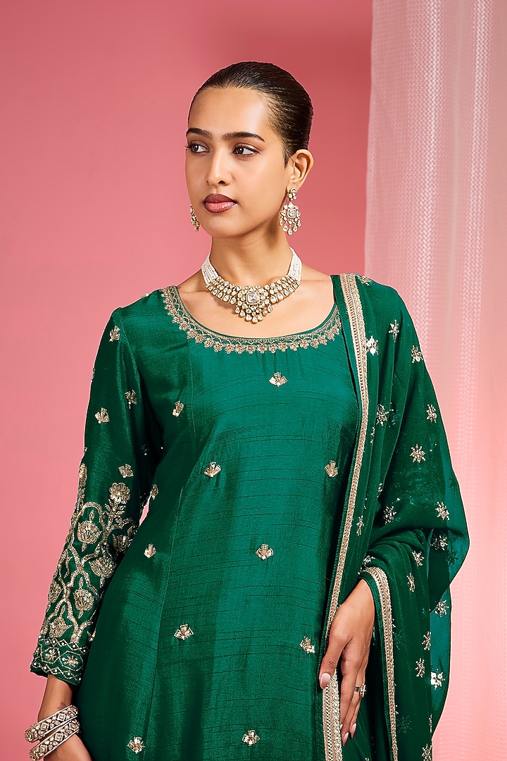 Leaf Green Viscose Dupion Silk Party Wear Sharara Set by Milu Madan at Pernia's Pop Up Shop