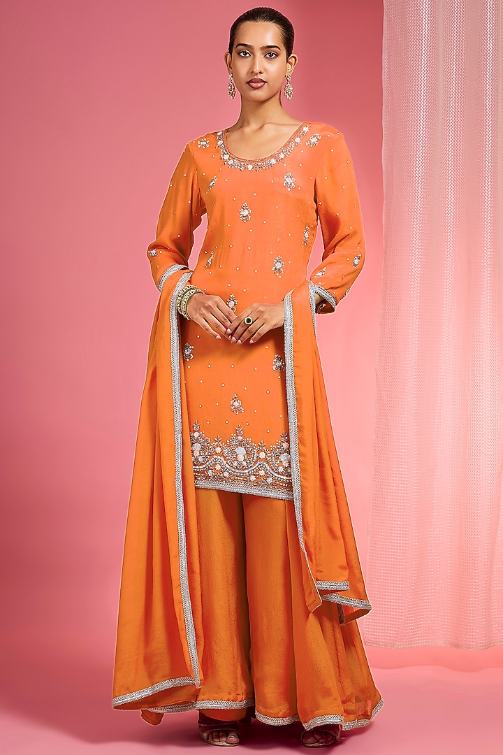 Orange Viscose Chinon Chiffon Party Wear Sharara Set by Milu Madan at Pernia's Pop Up Shop