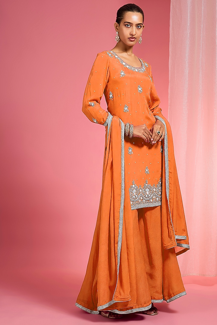 Orange Viscose Chinon Chiffon Party Wear Sharara Set by Milu Madan at Pernia's Pop Up Shop