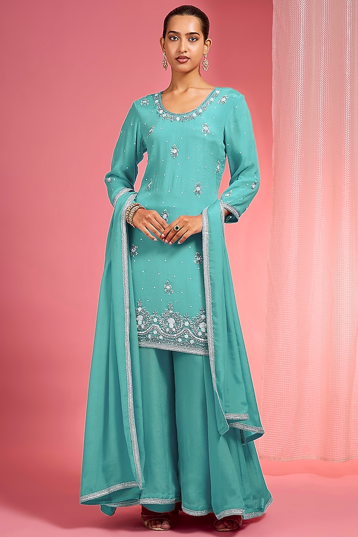 Teal Viscose Chinon Chiffon Party Wear Sharara Set by Milu Madan at Pernia's Pop Up Shop