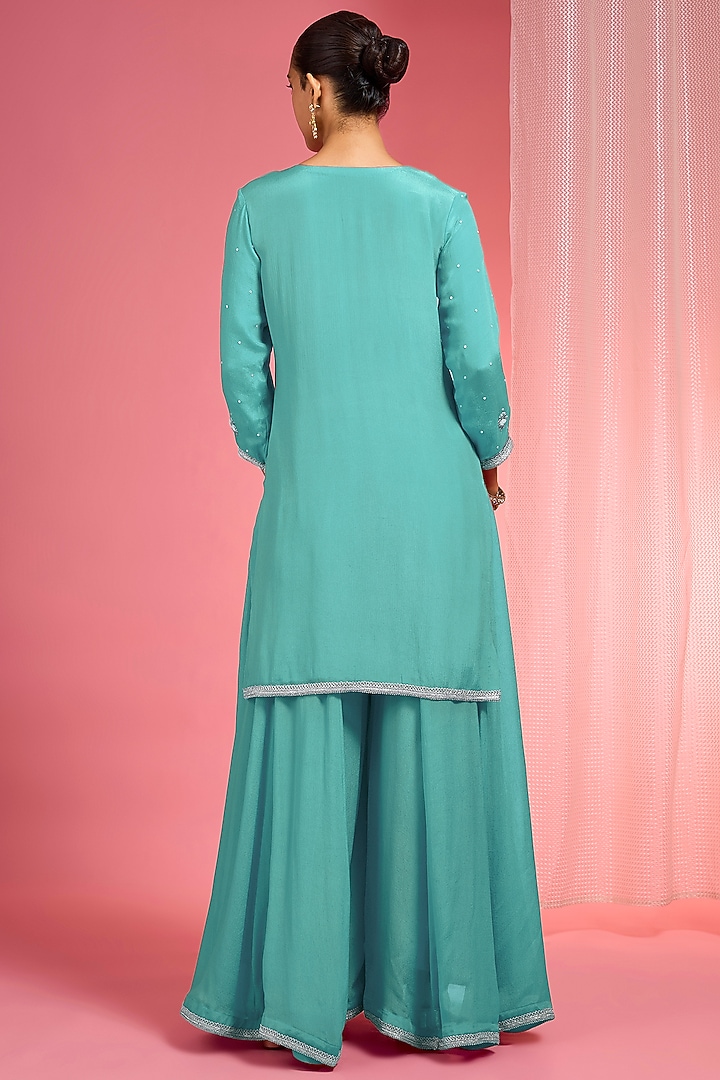 Teal Viscose Chinon Chiffon Party Wear Sharara Set by Milu Madan at Pernia's Pop Up Shop