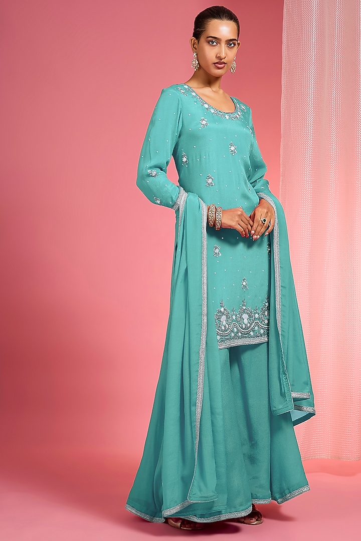 Teal Viscose Chinon Chiffon Party Wear Sharara Set by Milu Madan at Pernia's Pop Up Shop