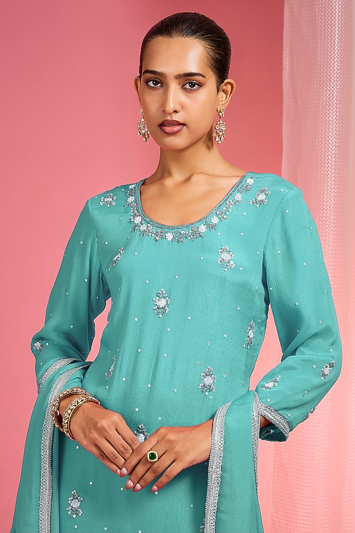 Teal Viscose Chinon Chiffon Party Wear Sharara Set by Milu Madan at Pernia's Pop Up Shop