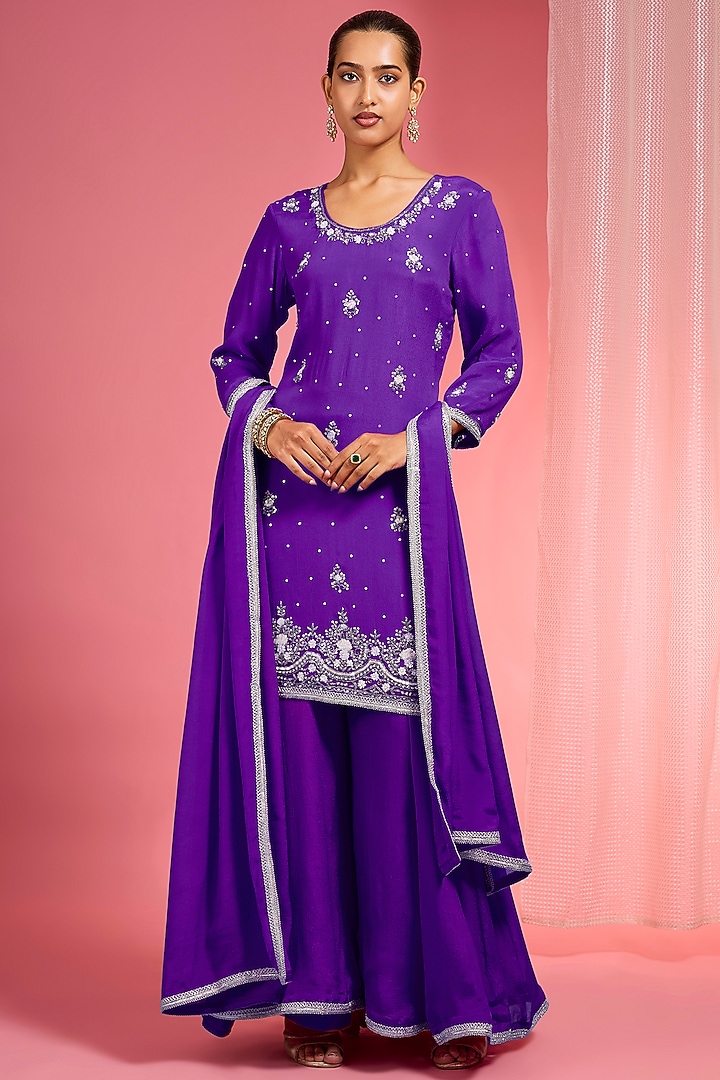 Purple Viscose Chinon Chiffon Party Wear Sharara Set by Milu Madan at Pernia's Pop Up Shop
