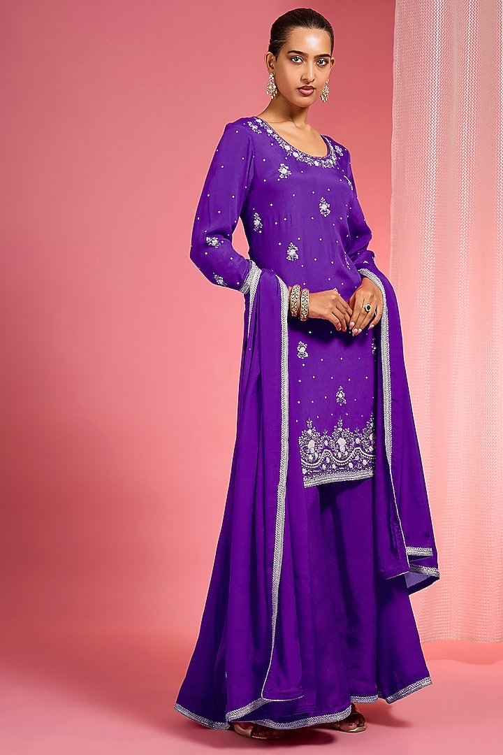 Purple Viscose Chinon Chiffon Party Wear Sharara Set by Milu Madan at Pernia's Pop Up Shop