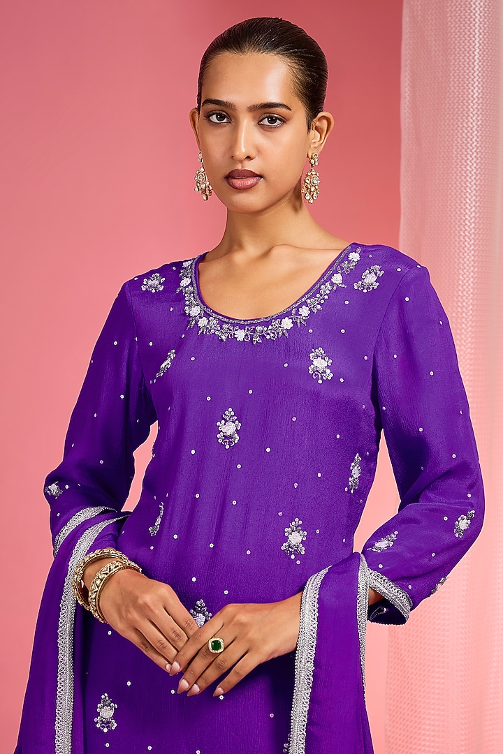 Purple Viscose Chinon Chiffon Party Wear Sharara Set by Milu Madan at Pernia's Pop Up Shop