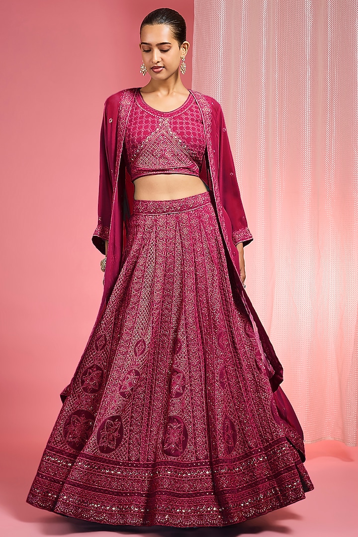 Maroon Georgette Dori & Resham Work Wedding Lehenga Set by Milu Madan at Pernia's Pop Up Shop