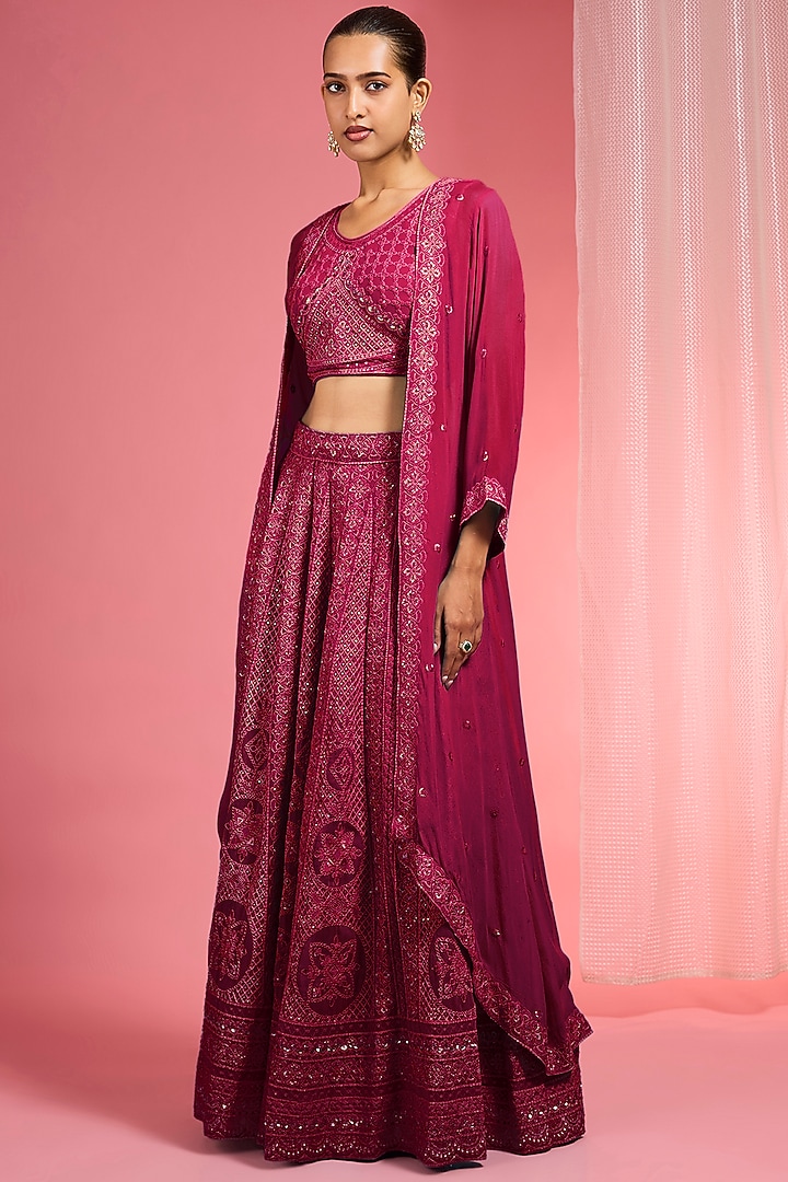 Maroon Georgette Dori & Resham Work Wedding Lehenga Set by Milu Madan at Pernia's Pop Up Shop