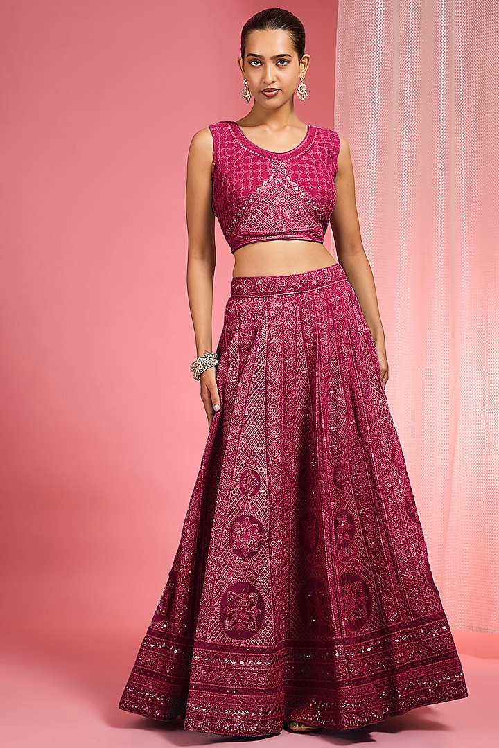 Maroon Georgette Dori & Resham Work Wedding Lehenga Set by Milu Madan at Pernia's Pop Up Shop