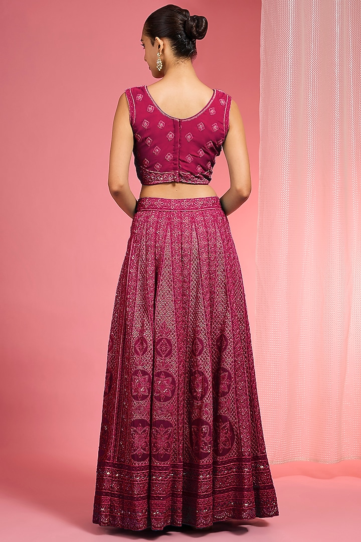 Maroon Georgette Dori & Resham Work Wedding Lehenga Set by Milu Madan at Pernia's Pop Up Shop