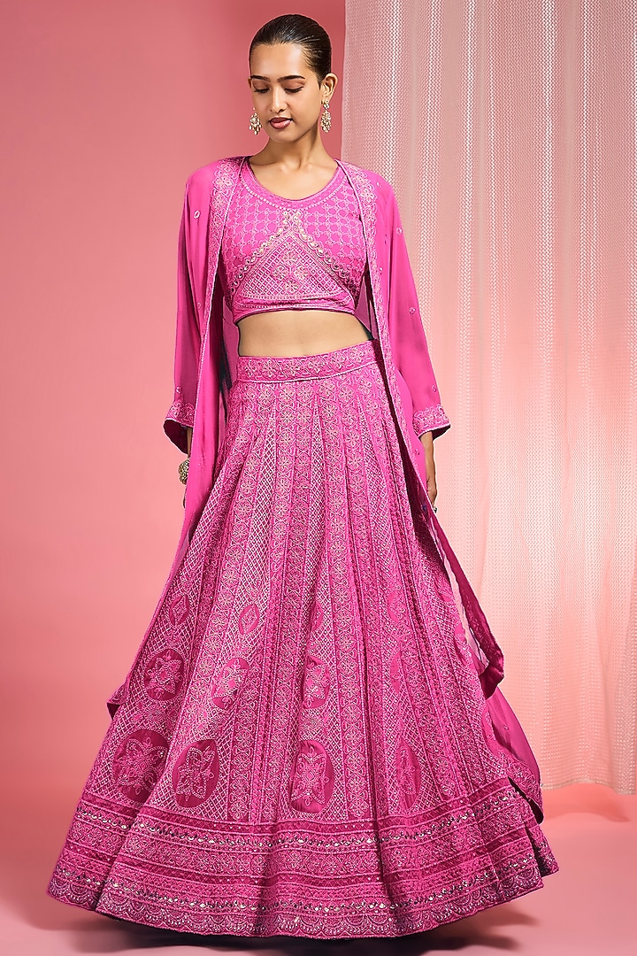 Pink Georgette Dori & Resham Work Wedding Lehenga Set by Milu Madan at Pernia's Pop Up Shop