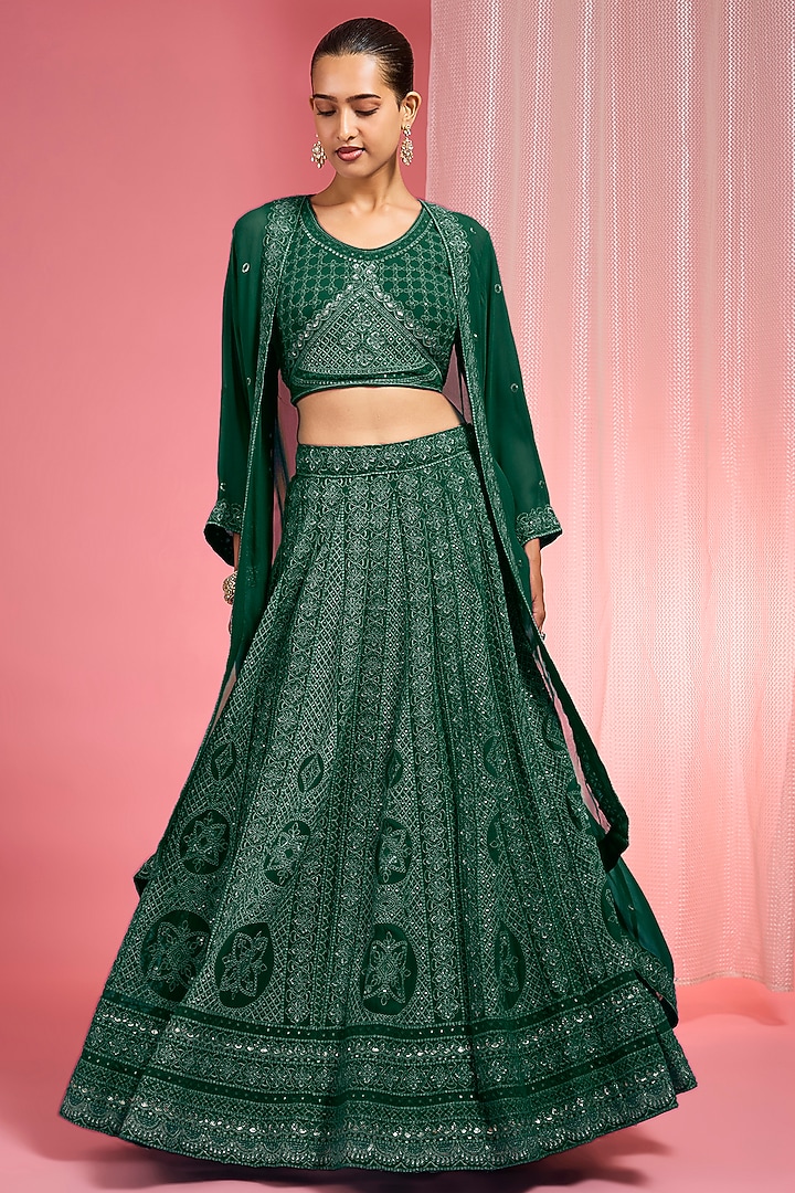 Green Georgette Dori & Resham Work Wedding Lehenga Set by Milu Madan at Pernia's Pop Up Shop