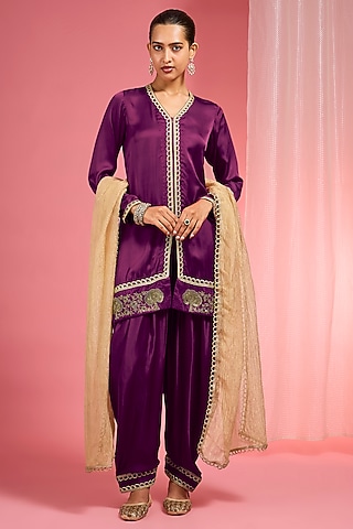 Purple Modal Satin Zari & Dabka Embroidered Kurta Set by milu madan
