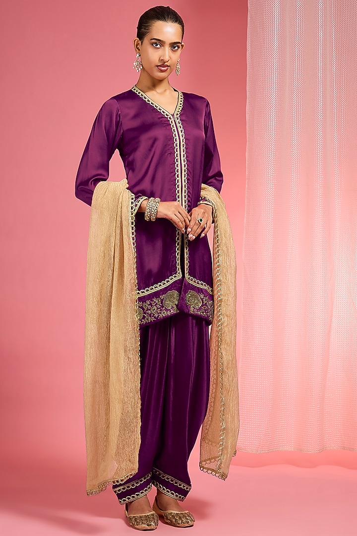 Purple Modal Satin Zari & Dabka Embroidered Kurta Set by Milu Madan at Pernia's Pop Up Shop