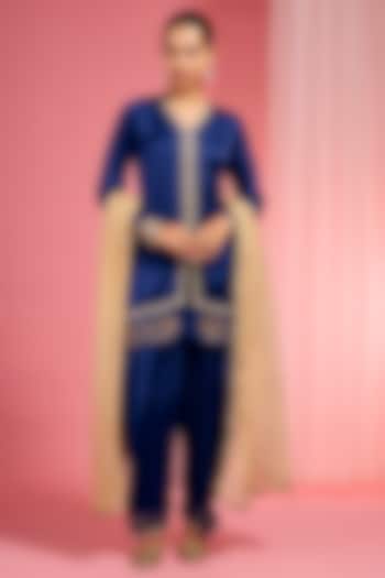 Persian Blue Modal Satin Zari & Dabka Embroidered Kurta Set by Milu Madan at Pernia's Pop Up Shop