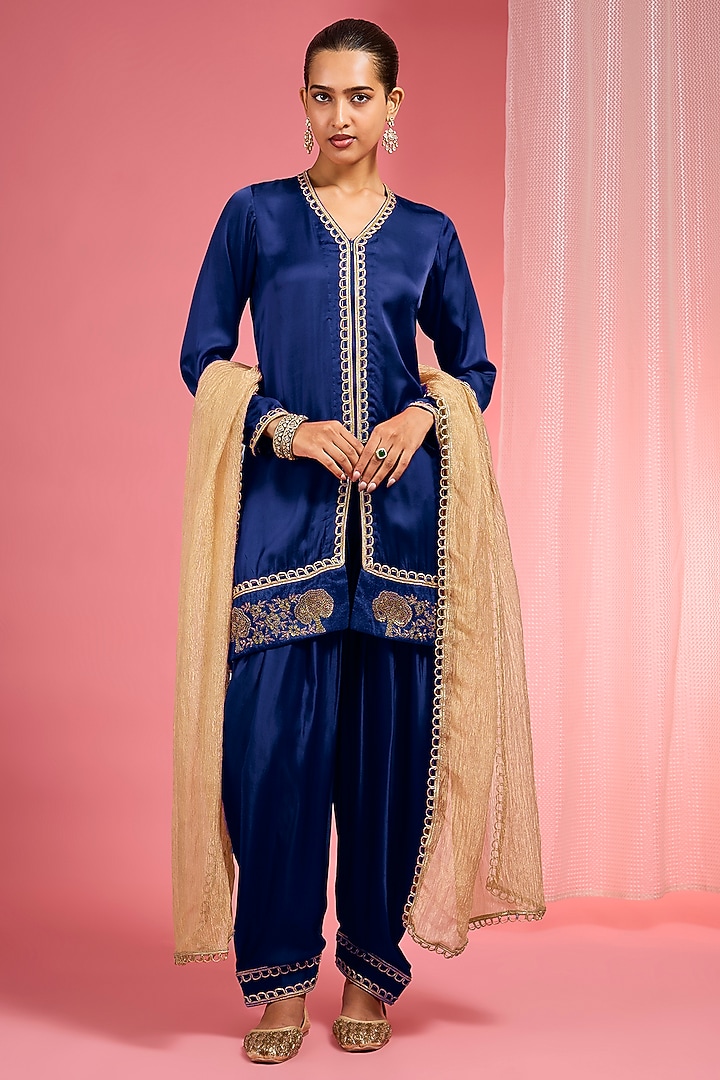 Persian Blue Modal Satin Zari & Dabka Embroidered Kurta Set by Milu Madan at Pernia's Pop Up Shop