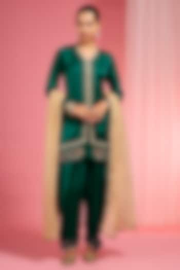 Bottle Green Modal Satin Zari & Dabka Embroidered Kurta Set by Milu Madan at Pernia's Pop Up Shop