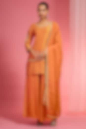 Light Orange Viscose Dupion Silk Party Wear Sharara Set by Milu Madan at Pernia's Pop Up Shop