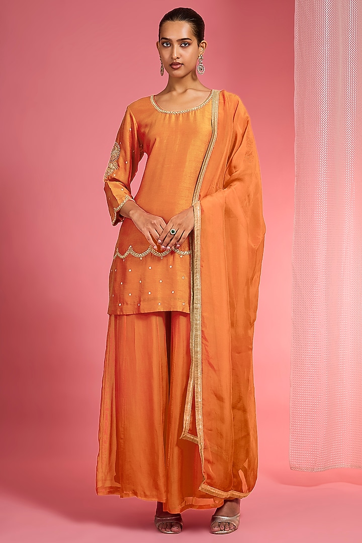 Light Orange Viscose Dupion Silk Party Wear Sharara Set by Milu Madan at Pernia's Pop Up Shop