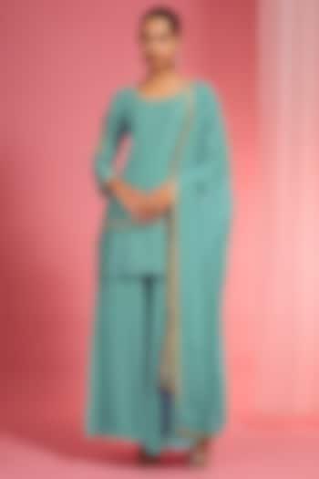 Light Teal Viscose Dupion Silk Party Wear Sharara Set by Milu Madan at Pernia's Pop Up Shop
