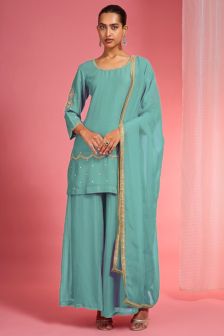 Light Teal Viscose Dupion Silk Party Wear Sharara Set by Milu Madan at Pernia's Pop Up Shop
