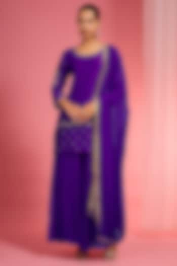 Dark Purple Viscose Dupion Silk Party Wear Sharara Set by Milu Madan at Pernia's Pop Up Shop
