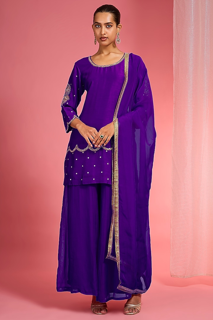 Dark Purple Viscose Dupion Silk Party Wear Sharara Set by Milu Madan at Pernia's Pop Up Shop
