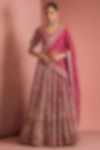 Dark Pink Viscose Silk Zardosi Embroidered Bridal Lehenga Set by Milu Madan at Pernia's Pop Up Shop