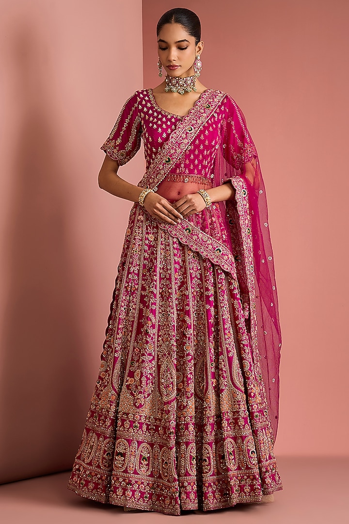 Dark Pink Viscose Silk Zardosi Embroidered Bridal Lehenga Set by Milu Madan at Pernia's Pop Up Shop