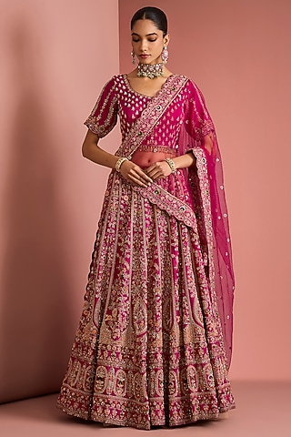 Dark Pink Viscose Silk Zardosi Embroidered Lehenga Set by Milu Madan