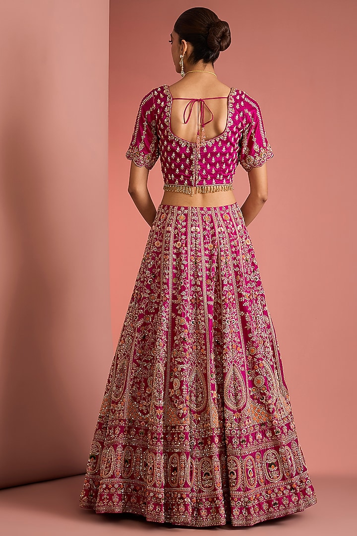Dark Pink Viscose Silk Zardosi Embroidered Bridal Lehenga Set by Milu Madan at Pernia's Pop Up Shop