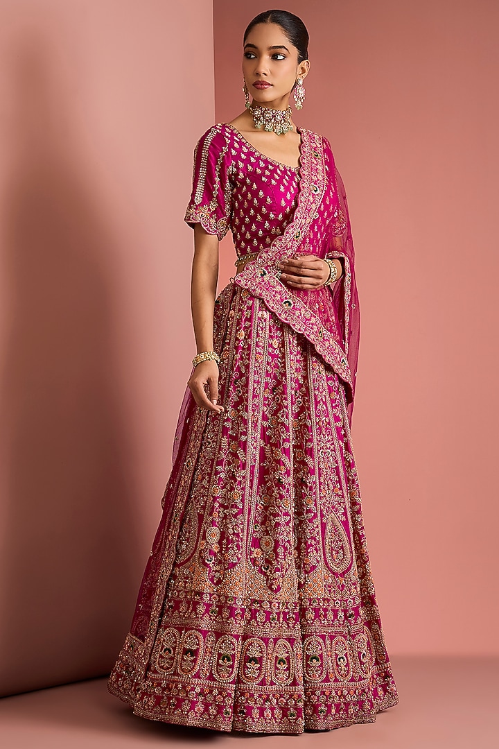 Dark Pink Viscose Silk Zardosi Embroidered Bridal Lehenga Set by Milu Madan at Pernia's Pop Up Shop