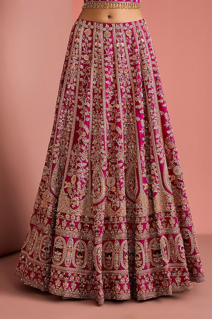 Dark Pink Viscose Silk Zardosi Embroidered Bridal Lehenga Set by Milu Madan at Pernia's Pop Up Shop