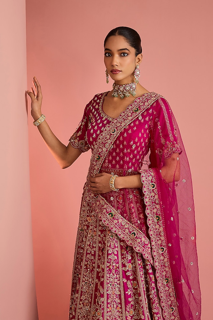 Dark Pink Viscose Silk Zardosi Embroidered Bridal Lehenga Set by Milu Madan at Pernia's Pop Up Shop