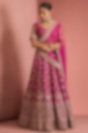 Hot Pink Viscose Silk Zardosi Embroidered Bridal Lehenga Set by Milu Madan at Pernia's Pop Up Shop