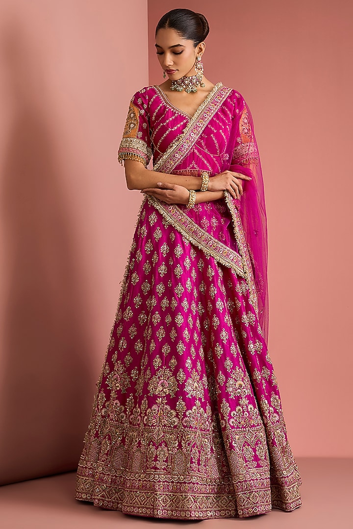Hot Pink Viscose Silk Zardosi Embroidered Bridal Lehenga Set by Milu Madan at Pernia's Pop Up Shop