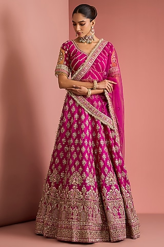 Hot Pink Viscose Silk Zardosi Embroidered Lehenga Set by Milu Madan