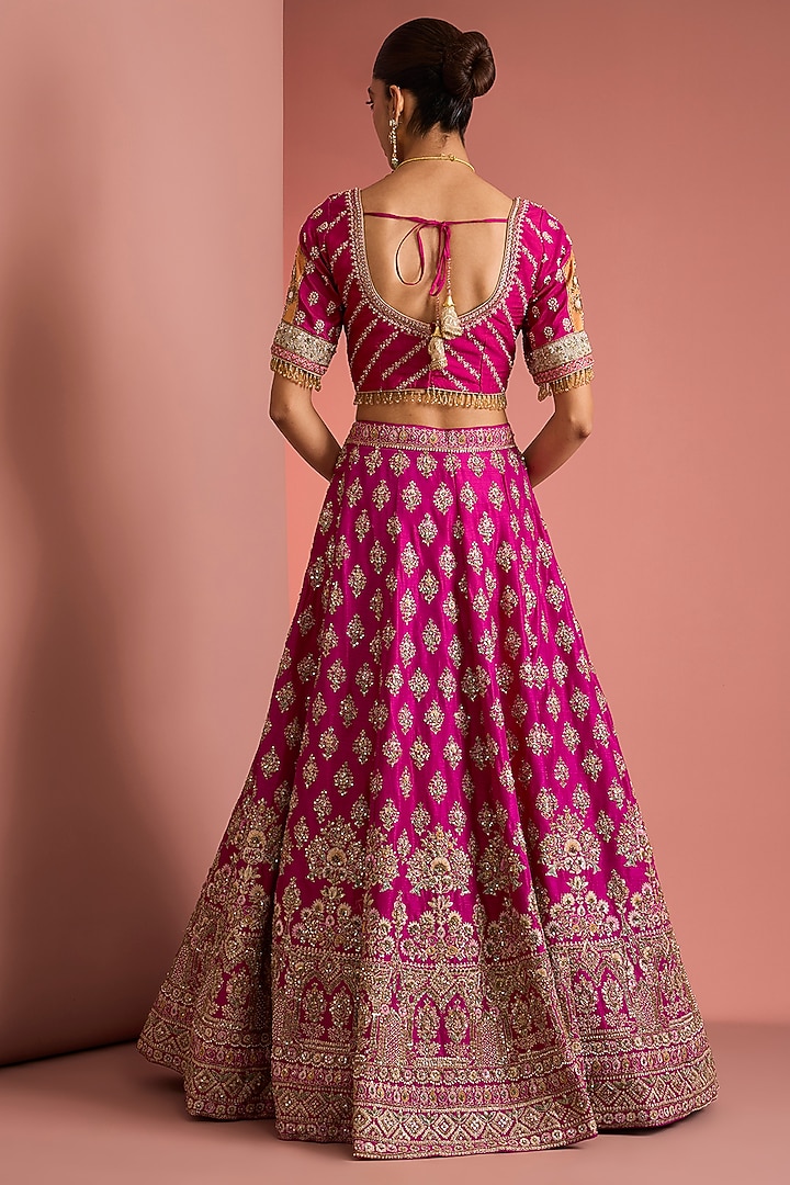 Hot Pink Viscose Silk Zardosi Embroidered Bridal Lehenga Set by Milu Madan at Pernia's Pop Up Shop