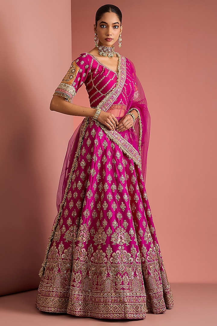 Hot Pink Viscose Silk Zardosi Embroidered Bridal Lehenga Set by Milu Madan at Pernia's Pop Up Shop