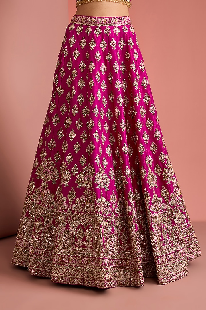 Hot Pink Viscose Silk Zardosi Embroidered Bridal Lehenga Set by Milu Madan at Pernia's Pop Up Shop