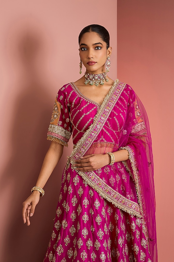 Hot Pink Viscose Silk Zardosi Embroidered Bridal Lehenga Set by Milu Madan at Pernia's Pop Up Shop