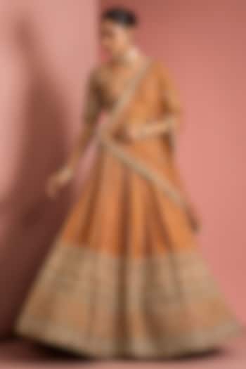 Rust Orange Viscose Raw Silk Hand Embroidered Bridal Lehenga Set by Milu Madan at Pernia's Pop Up Shop