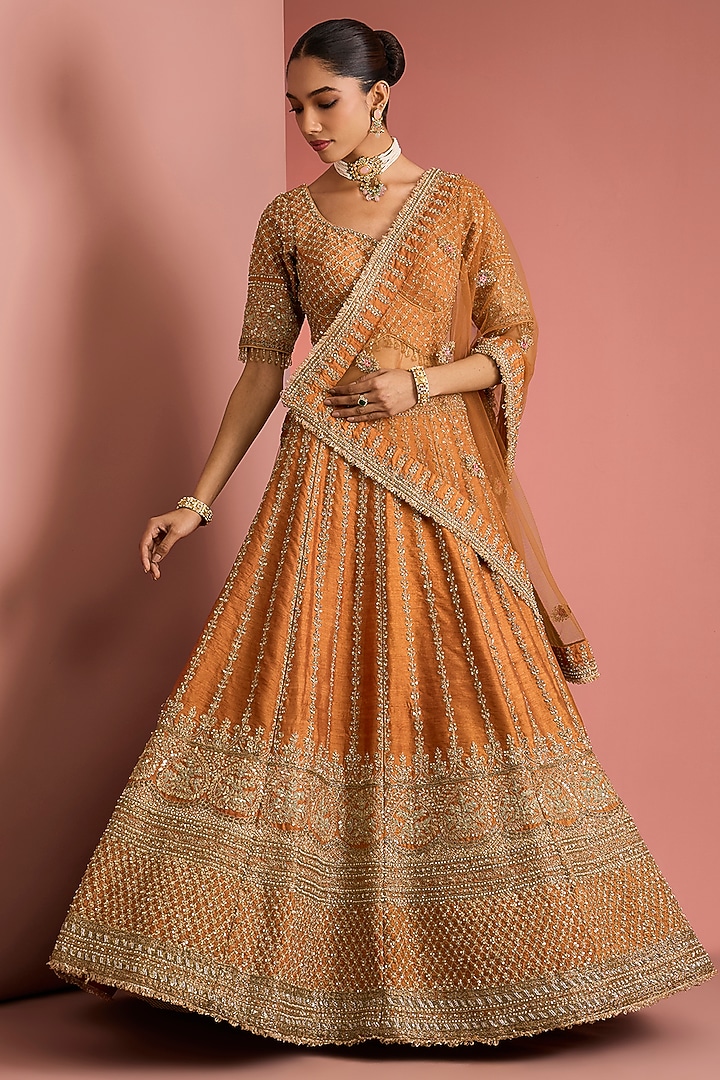 Rust Orange Viscose Raw Silk Hand Embroidered Bridal Lehenga Set by Milu Madan at Pernia's Pop Up Shop
