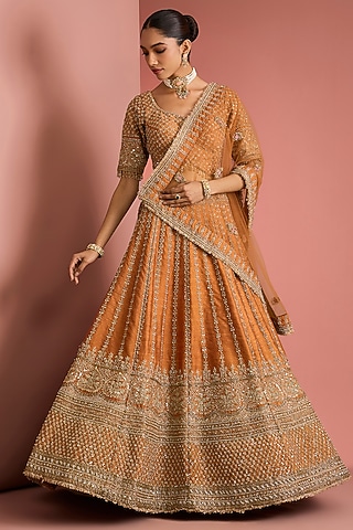 Rust Orange Viscose Raw Silk Hand Embroidered Lehenga Set by Milu Madan