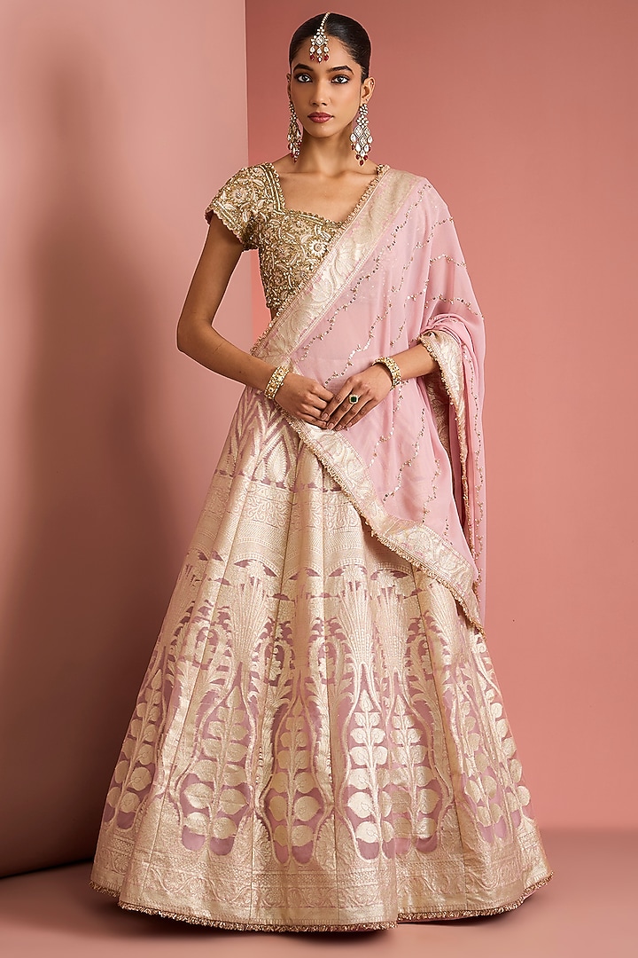 Light Pink Viscose Organza Brocade Wedding Lehenga Set by Milu Madan at Pernia's Pop Up Shop